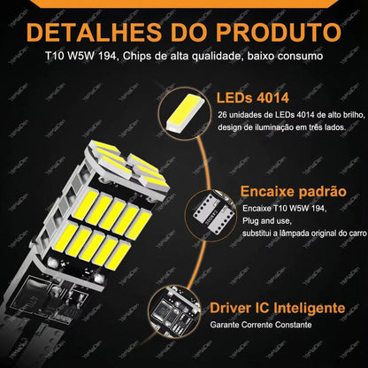 100 Peças LED T10 Max Bright 12V – 26 LEDs Plug and Play